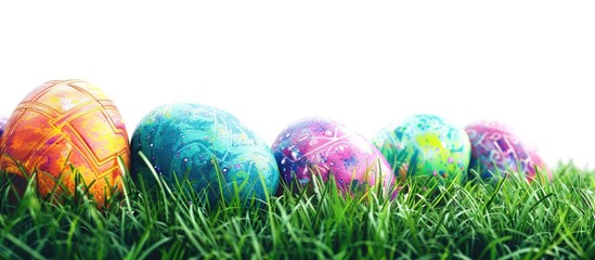 Poster - Easter themed greeting card featuring colorful eggs and fresh green grass set against a white backdrop with copy space image