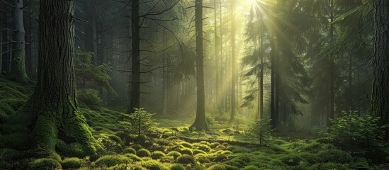 Aufkleber - Sunlight filters through a lush magical forest of conifer trees with vivid green moss adding to the enchanting scenery ideal for a copy space image