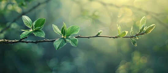 Aufkleber - A young common ash tree branch in a spring forest setting suitable for a copy space image