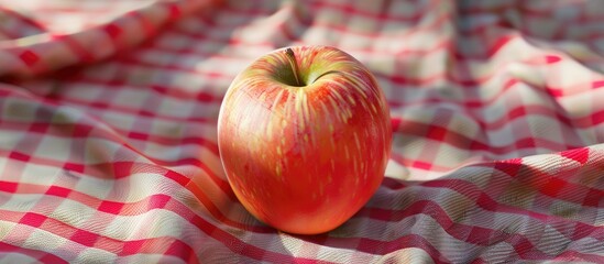 Poster - Apple displayed on a clothed surface with red and white checkered pattern available for placement of text or objects in an image. . image with copy space