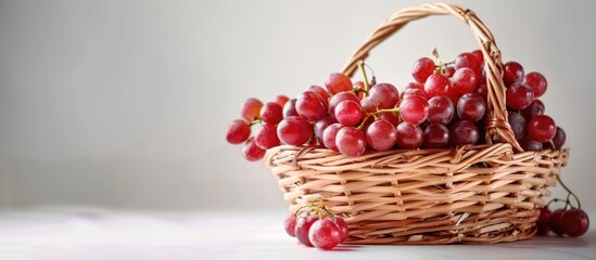 Poster - Vintage wicker basket filled with red grapes on a white background providing copy space image