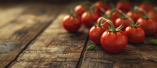 Poster - Cherry tomatoes arranged nicely on a wooden backdrop with copy space image
