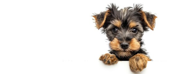 Poster - Isolated on a white background there is a Yorkshire terrier puppy with copy space image