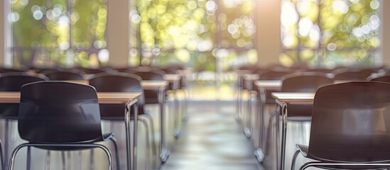 Poster - Defocused university classroom with empty chairs and tables suitable for a business conference room with copy space image