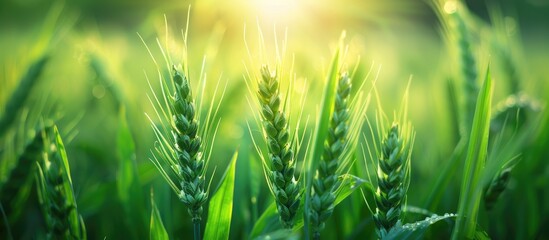 Poster - Close up photo of young green wheat plants in an agricultural field with a defocused background for copy space image