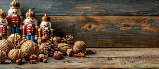 Poster - Nuts and nutcrackers displayed on a rustic wooden table with copy space image