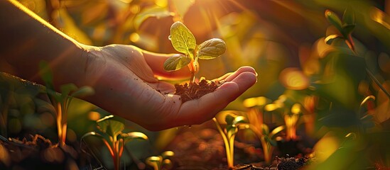 Poster - Sunlit morning catch embraces fresh sprout in hand with copy space image