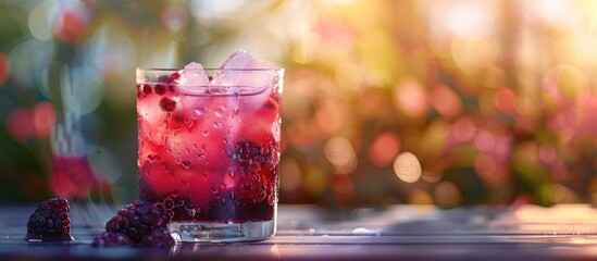Poster - A refreshing glass of iced blackberry lemonade sits on a table with a spacious area around it suitable for adding text or graphics known as a copy space image