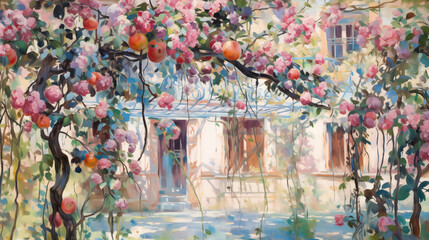 Wall Mural - Impressionist summer landscape with blossoming roses and fruit trees