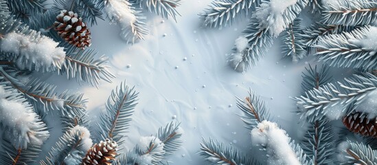 Poster - Snow covered Christmas tree branches create a festive scene with copy space image