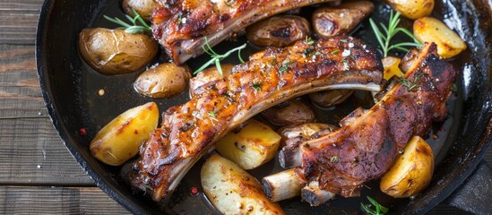 Poster - Close up shot of fried pork ribs and potatoes in a frying pan with copy space image available