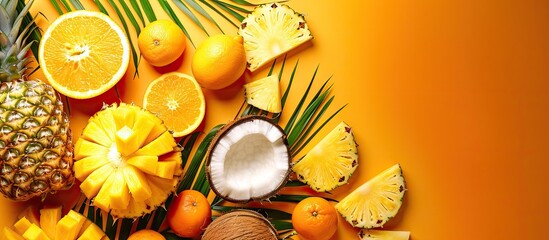 Poster - Juicy fruits like coconut pineapple and orange arranged nicely on a bright backdrop with ample copy space image