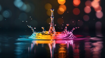 Poster - vibrant water splash in rainbow colors with a beautiful bokeh background, showcasing motion in liqui