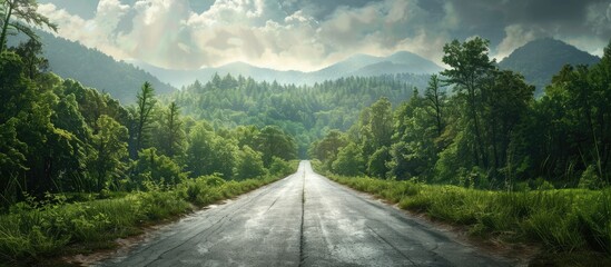Poster - Scenic country road surrounded by lush forest and mountains with space for inserting images. . image with copy space