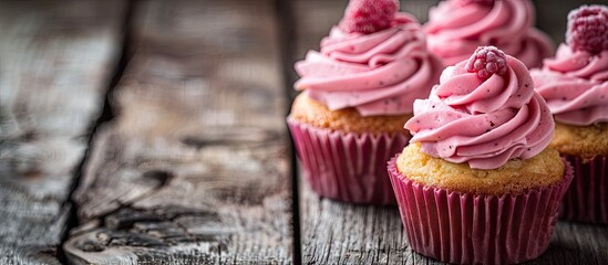 Poster - Pink cupcakes displayed on a rustic wooden surface with ample copy space image
