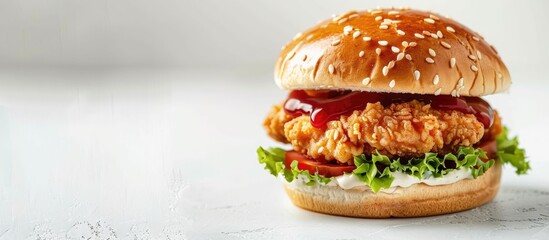 Poster - Tasty double chicken burger with salad sauce and a white background for copy space image