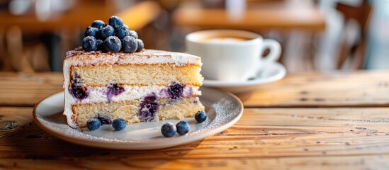 Poster - Homemade blueberry butter cake on a plate with a latte in the background on a wooden table with copy space image