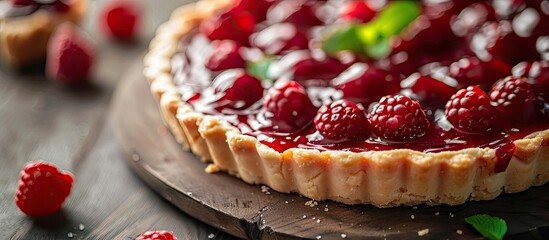 Poster - Close up photo of a homemade cream cheese tart with raspberry jam focusing on specific details providing an area for additional text or graphics a copy space image
