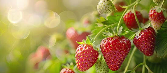 Poster - Close up image of strawberries growing in a garden with copy space image