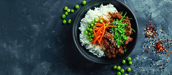 Poster - Japanese style rice and soybean beef dish in a copy space image