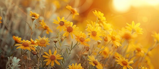 Poster - Beautiful yellow country flowers and bushes in a summer macro photo with copy space image