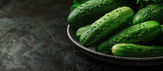 Poster - Cucumbers in green color are arranged on a plate for preservation with a visible copy space image