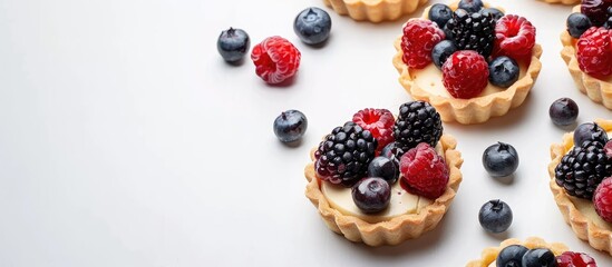 Poster - Close up of mini tarts with berries on a white background with copy space image