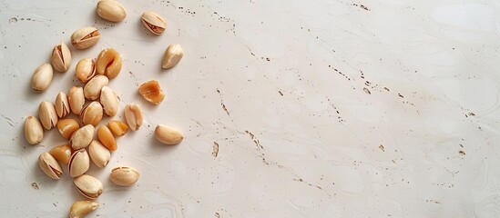 Poster - Pine nuts with their shells removed on a white acrylic surface with ample copy space image