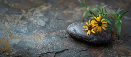 Poster - A pebble placed next to a Bidens pilosa plant in a copy space image