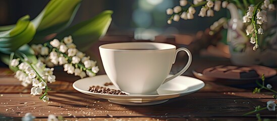 Poster - A white teacup sits on a saucer in the middle with lilies of the valley and chocolate in the background as a copy space image