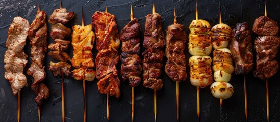 Poster - Authentic street food meat on skewers with copy space image