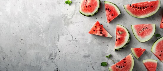 Poster - Watermelon slices displayed on a grey backdrop with copy space image