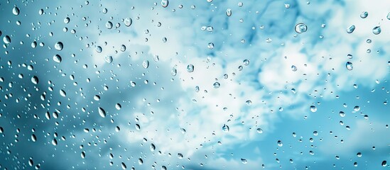 Poster - Blurred blue sky seen through raindrop covered glass presenting a serene copy space image