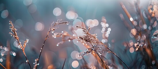 Poster - Selective focus on a plant with blurred texture and dew drops in a shallow depth of field creating a serene and visually appealing image with copy space