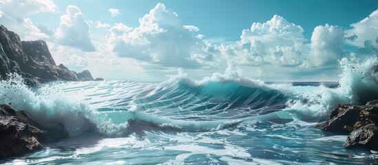 Poster - The ocean waves crashing against the rocky coastline create a scenic view with ample copy space image
