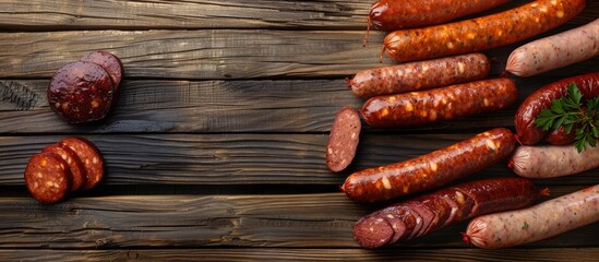 Aufkleber - Various varieties of uncooked smoked sausages on a wooden backdrop with room for copy space image