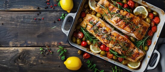 A festive dish featuring sturgeon in a baking dish topped with cherry tomatoes lemon olives and herbs with a lovely presentation and copy space image