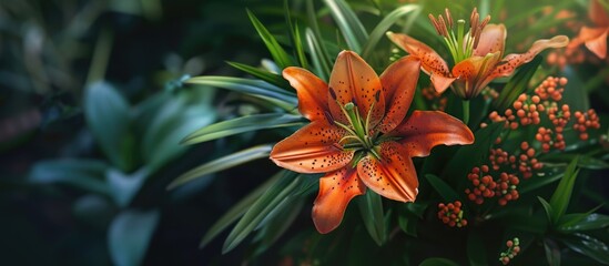 Poster - Detailed shot of a blackberry lily blooming in a garden with copy space image