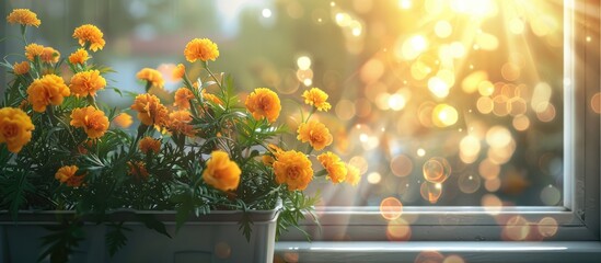 Poster - Marigold seedlings blooming in a box on the windowsill with a blank space for an image. . image with copy space