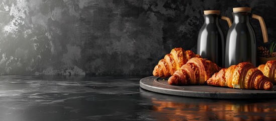 Poster - French kitchen ambiance with freshly baked croissants on a sleek black table perfect for adding text or graphics. . image with copy space