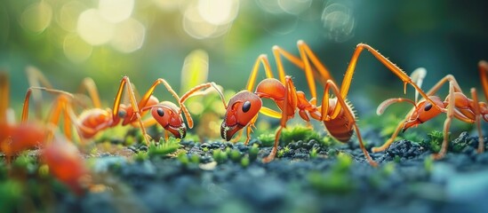 Aufkleber - Red ants in nature working together and foraging for food shown in a close up with focus blur. . image with copy space