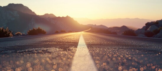 Poster - Asphalt highway stretching straight toward mountain backdrop in the serene sunset perfect for a copy space image