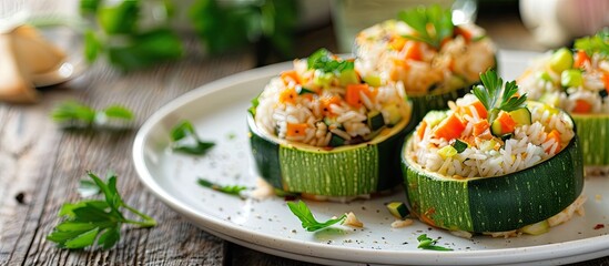 Poster - Zucchini rounds filled with veggies and rice on a white plate with copy space image