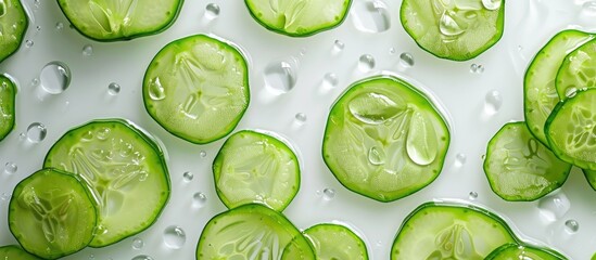 Poster - A composition of cucumber slices with dew set against a white backdrop creating an isolated copy space image