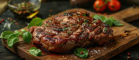 Poster - A pork steak being prepared on a wooden cutting board with copy space image