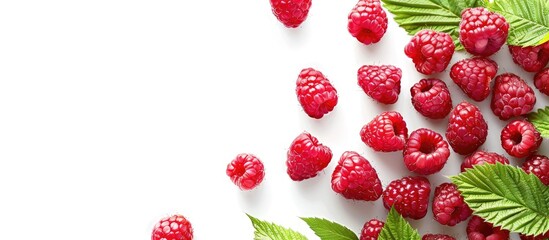 Poster - Fresh ripe raspberry with green leaf on white background perfect as a copy space image