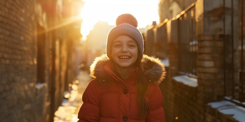 Wall Mural - A toddler girl, smiling joyfully, walks down a street during winter, embracing the cheerful season.