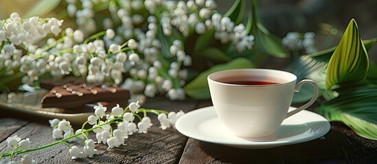 Poster - A white teacup sits on a saucer in the middle with lilies of the valley and chocolate in the background as a copy space image