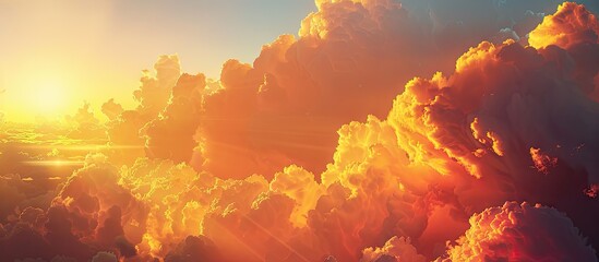 Poster - Golden sunlight illuminates red orange and yellow clouds against a dark blue sky at twilight creating a mesmerizing copy space image