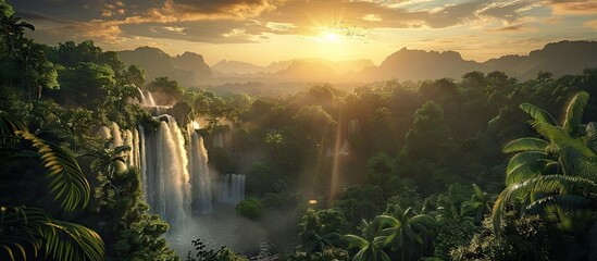 Poster - Majestic waterfalls embraced by lush rainforest at sunrise with distant mountains in view perfect for a copy space image